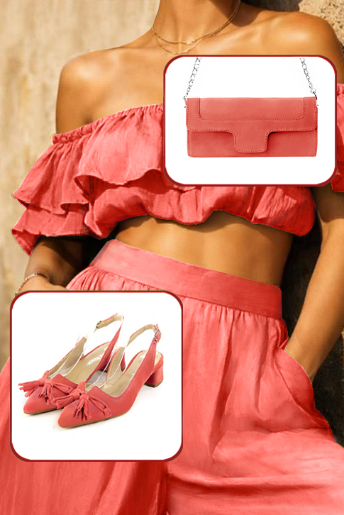 Women's coral elegant slingback heels, with a bow on the front. Tapered toe. Low flare heels - Top view